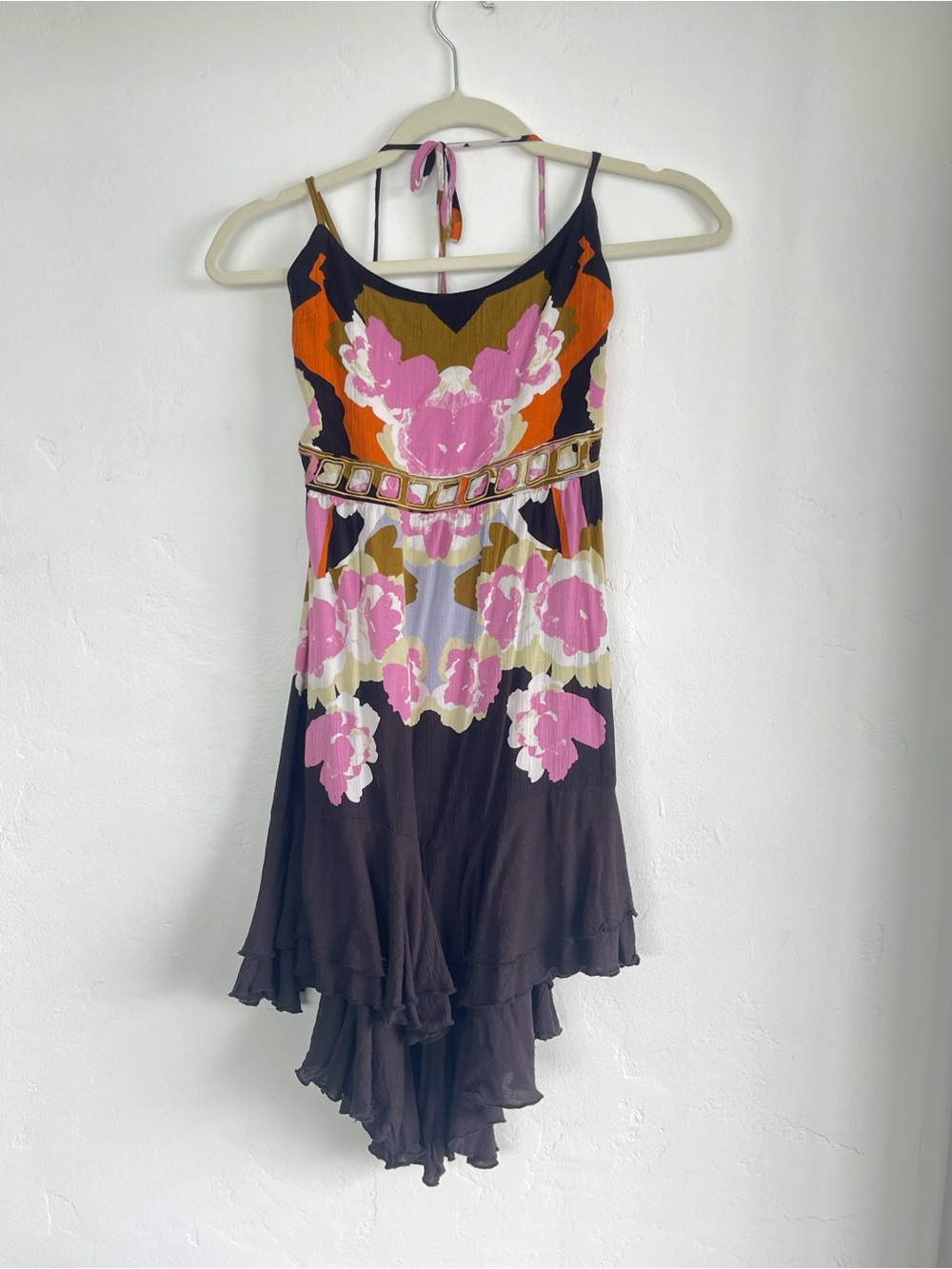 Free People Floral Halter Dress in Pink, Navy & Orange